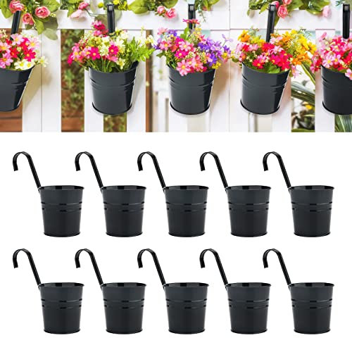 KINGLAKE 10 Stück 16CM Blumentöpfe zum Aufhängen Hängend,Schwarz Blumentopf Metall, Hängetopf mit Abnehmbarem Haken und Loch, für Balkon, Zäune, Fenster, Geländer-16X 11X 15cm