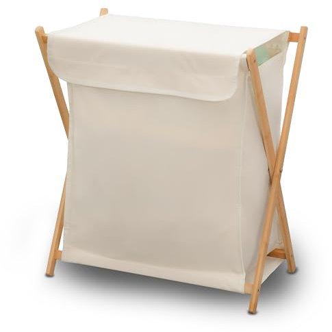 Faltbarer Wäschekorb mit Bambusgestell, 50x34x56,5 cm, Pflegeleicht und Langlebig, Zusammenklappbar, inkl. 2 Waschbeutel in 2 Größen (Beige)