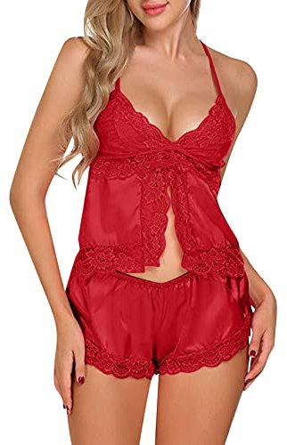Schlafanzüge Für Damen Großer lockerer Pyjama für Damen, Pyjama, Spitze, sexy Dessous-Set, Heimkleidung Nachthemd Sexy Set Satin Nachtwäsche Damen Spitze (Red, M)