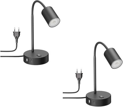 ledscom.de 2 Stück Tischleuchte WAIKA, schwarz, USB-A, USB-C, inkl. GU10 LED Lampe (3-Stufen-Dimmer, warmweiß, 6,3W, 374lm, 70°)