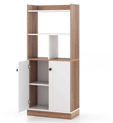 CASART Wooden Bookcase with Doors, 140cm Tall Bookshelf Storage Cabinet with Open Shelves & Anti-Toppling Devices, Free Standing Display Shelf Storage Unit for Living Room Bedroom Study