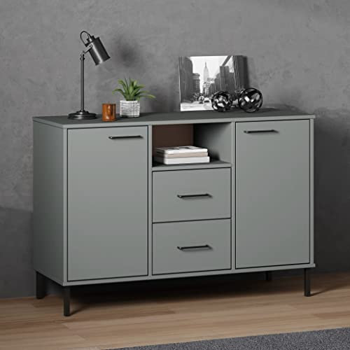 Higsose Buffet Salle à Manger - 113 x 40 x 77 cm - Armoire de rangement avec pieds en métal et 4 poignées en métal - Buffet - Pour salon, TV, rangement - Gris - Bois massif