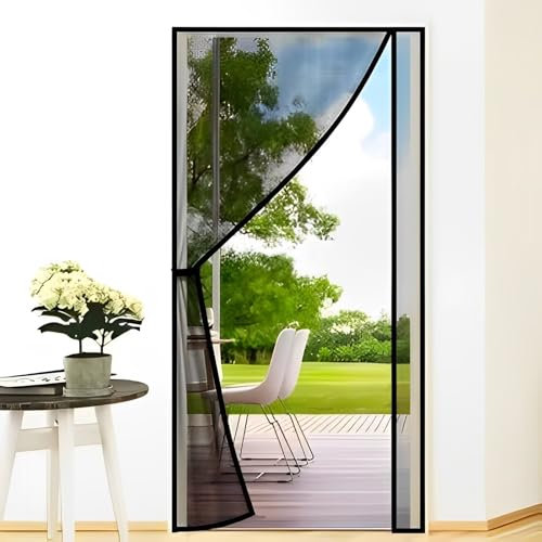 Rideau de Moustiquaire magnétique porte 175×195cm Noir Moustiquaire magnétique Rideau de moustiquaire rayé à fermeture automatique adapté aux portes et fenêtres de famille/camping-car/école