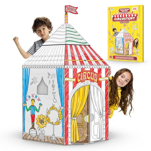 Joya Creative Zirkuszelt Karton Spielhaus zum Ausmalen – Kreatives Kinderzelt mit Zirkus-Motiven – Fördert Fantasie und Kreatives Spielen – Einfacher Aufbau für Zuhause