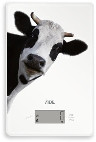 ADE Digitale Küchenwaage | präzise Grammwaage bis 5 kg | großes Display | inkl. AAA Batterien | sehr flach | mit Aufhängeöse | gut lesbare große Ziffern | mit Kuhprint