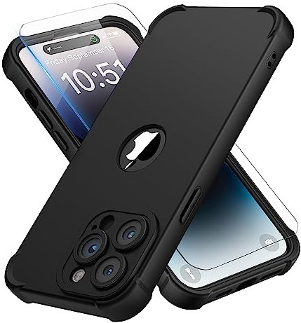 ORETECH for iPhone 14 Pro Max Case 6.7 inch, with [2 Pack Screen Protector] [Camera Lens Guard] [15FT Military Grade Drop Test] 360° Shockproof Slim Fit Design Rubber Bumper Phone Cover - Black