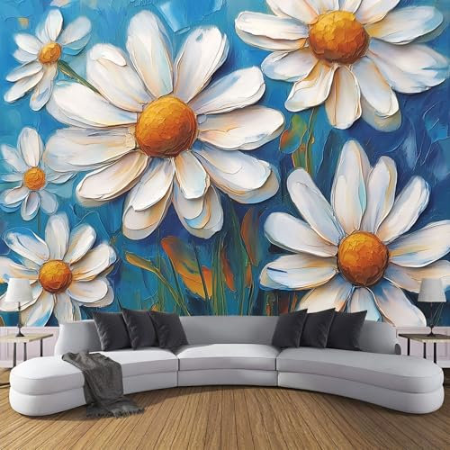 Fleurs De Marguerite Papier Peint Effet 3D, 350X256Cm (L×H) Photo Peintures Murales, Salon Tv Canapé Thème Hôtel De Luxe Couloir Fond Fleurs De Peinture À L’Huile Mur Peinture Décor À La Maison