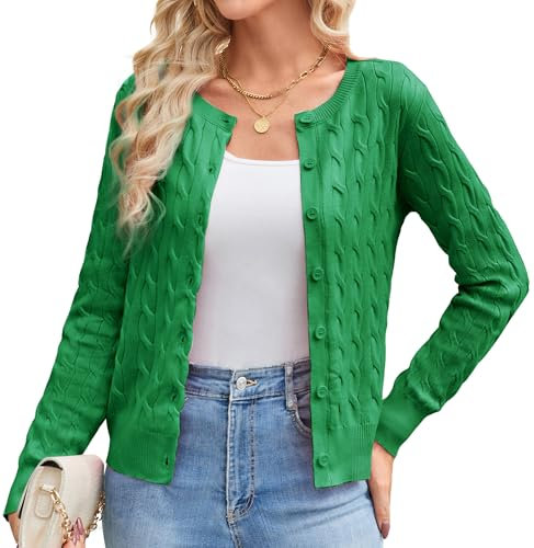 Women Autumn Summer Casual Long Sleeve Cardigans Cropped Crew Neck Crochet Knit Basic Sweater Tops XL Green