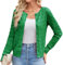 Women Autumn Summer Casual Long Sleeve Cardigans Cropped Crew Neck Crochet Knit Basic Sweater Tops XL Green
