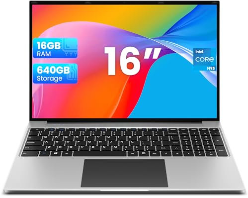 jumper Laptop 16 Zoll, 16 GB RAM 640 GB ROM, Notebook Bis zu 2,5 GHz N95 Prozessor, PC mit Nummerntastatur, Stereo Lautsprecher, WiFi, HDMI