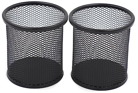 Happyyami 2-piece Mesh Metal Pencil-box for Office Stationery Round Brush Pot Pen Organizer Set Black Sturdy Mesh Pen Holder