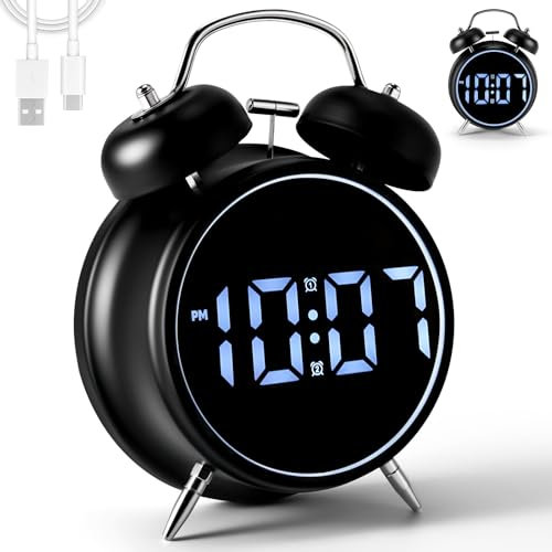 SUNJULY Wecker Digital, Doppelglockenwecker mit Große LED Anzeige, Leise Mini Moderne Digital Uhr mit Datumsanzeige und Temperaturanzeige, USB/Batteriebetrieben Wecker für Tiefschläfer Kinder Senioren