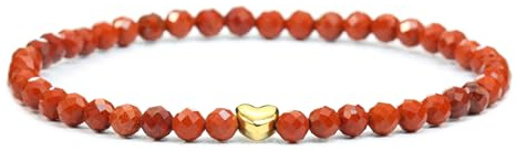 LAKADA Echtes Roter Jaspis Edelstein Armband mit facettierten 4mm Perlen und Edelstahlherz Heilstein Schutzstein Edelsteinarmband Glücksbringer Talisman Geschenk (Roter Jaspis, 15CM)