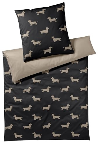 elegante Mako-Satin-Bettwäsche-Garnitur Dogs Farbe Schwarz-Beige Größe 135x200+80x80