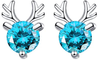Grewod Ohrringe Stecker, Damen 14 Karat Weißgold Geweih Blau Rund Topas Ohrstecker Nickelfrei Schmuck