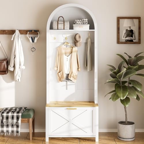 Merax meuble entree 75x35x195 cm, multifonctionnelle avec porte-manteaux, étagère et range-chaussures, design moderne avec pieds en fer stables, montage facile, blanc & Couleur bois