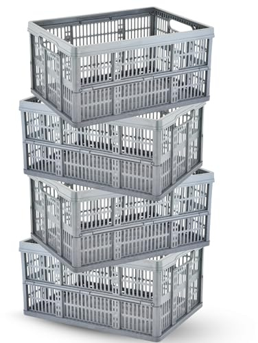 Foldable Plastic Storage Crate Box 32L – Stackable Collapsible Basket for Home, Office & Car Boot Organisation – Durable Folding Container for Storage, Shopping, Laundry & Garage Use – Grey (4)