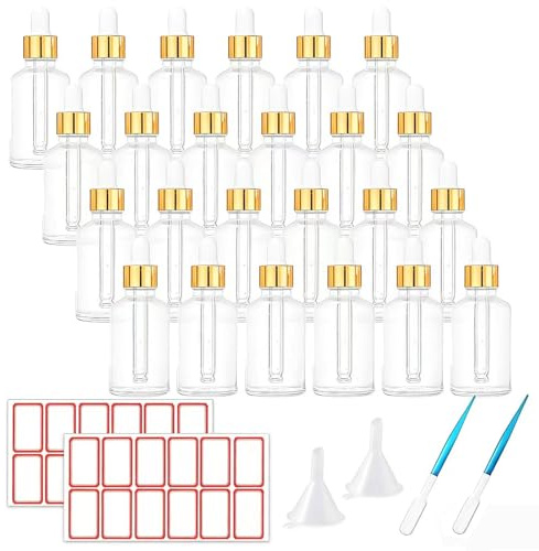 Guilinone 24 x 30ml Glass Dropper Bottles Essential Oil Storage Bottle Refillable with Glass Pipette Plastic Funnels and Labels (white-24pcs)