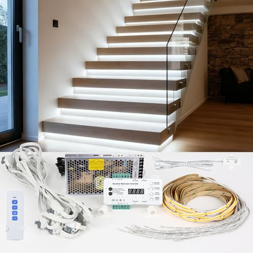Dwlhap Intelligent Motion Sensor Stair Light Kit, Step by Step Control with 1m Cuttable LED Strip, Daylight Sensor & Remote, Indoor Automatic Staircase Controller for 16 Steps (Cool White（4000K）)