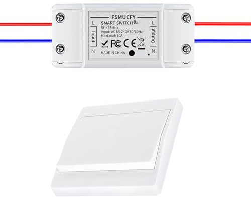 FSMUCFY Kit Interrupteur Sans Fil 230V avec Récepteur, Interrupteur Cinétique Sans Pile ni Perçage, Télécommande Auto-alimentée et Stable pour Garage, Jardin, Luminaire Intérieur(EU 1Gang 1V1)