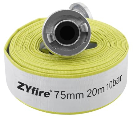 ZYfire Feuerwehrschlauch 75mm x 20m | 3 Zoll Schlauch mit B-Storz Kupplung | 10 Bar Betriebsdruck, -25°C~+60°C, Korrosions- & Abriebfest, Flach Aufrollbar, Flexibler Wasserschlauch für Industrie Gebäude