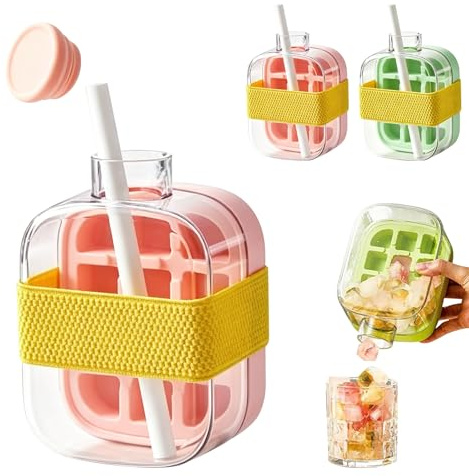 2 in 1 Ice Cube Water Bottle Ice Tray with Lid, Portable Icecube Making Bottles, Touch-Free Icecube Tray, Ice Mold for Freezer,Coffee, Juice,and Beverages (Pink)