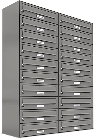 AL Briefkastensysteme 20er Briefkastenanlage Aluminiumgrau RAL 9007, Premium Briefkasten DIN A4, 20 Fach Postkasten modern Aufputz