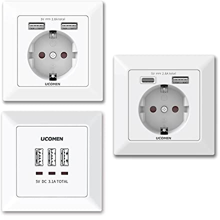 UCOMEN Enchufe de pared de 2.8 A con 2 puertos USB, enchufe de pared de 2.8 A con puertos USB tipo A y tipo C USB, enchufe eléctrico, color blanco (3 unidades)