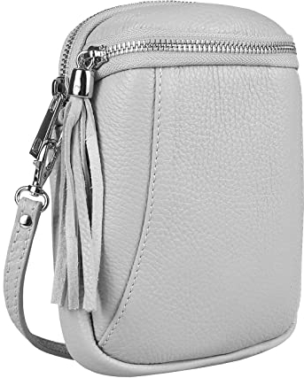Made in Italy Damen Leder Tasche Umhängetasche Schultertasche Handytasche Geldtasche Ledertasche Crossbody Abendtasche Mini Bag (Hellgrau)