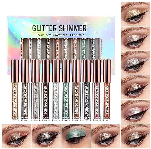 10-farbiger metallischer Glitter flüssiger Lidschatten-Set, wasserdichter rauchiger Lidschatten-Set, langlebige schnell trocknende Glitter Lidschatten Augen Make-up Kits (A)
