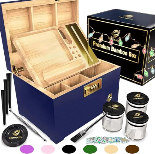HOVANZO Premium Große Bambusbox - Verriegelung Aufbewahrung Dekorative Box mit Zahlenschloss - Aufbewahrungsbox Holz Verriegelung Aufbewahrungsbox mit Rolltablett - Aufbewahrung Holzkiste mit Zubehör