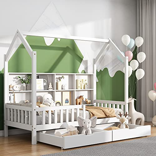 DuraB Kinderbett,Schönes Hausbett,Vollholz mit Zaun und Lattenrost, mit Rausfallschutz für Kinder- und Jugendzimmer (Weiß+Bücherregal, 90 X 200 cm)