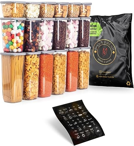 BOAA Fresh 18 Vorratsdosen Set Grau mit Silikondeckel und 25 Etiketten, BPA frei, Aufbewahrungsbox mit Deckel Küche, Küchenorganizer, Vorratsbehälter, 6x 1750 ml, 6x 1200 ml, 6x 550 ml 18er Mix - Grau
