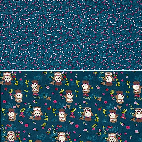 Stoff Jersey Baumwolle Kinderstoff Damenstoff Baumwollstoff Meterware elastisch dehnbar Motiv Eule bunt Farbe Blau