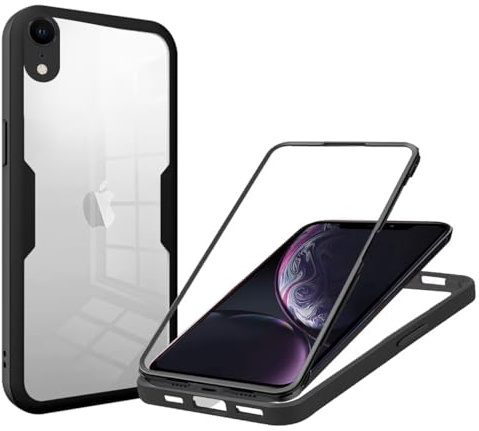 Beajew Kompatibel mit iPhone XR Hülle, 360 Grad Robust Stoßfest Schutzhülle mit Eingebautem Displayschutz, Transparent Panzerhülle Handyhülle, Schwarz