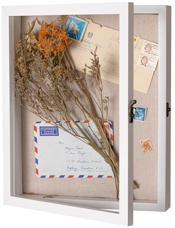 eletecpro Gedenkkastenrahmen mit verstärktem Glas und Leinenrückseite, horizontale und vertikale Vitrine mit Vintage-Riegel für Raumdekoration mit Blumen, Hochzeitsbilder, 28,9 x 35,6 cm, Weiß