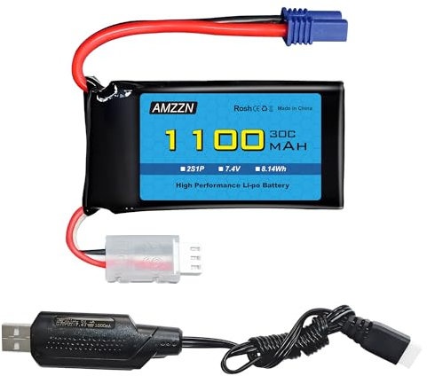 AMZZN 7.4V 1100mah 2S EC2 Plug lipo Batterie avec câble de Charge USB pour Voiture UTB18 RC, Batterie de Voiture d'escalade de Haute Performance 4drive Unlimited Tout - Terrain