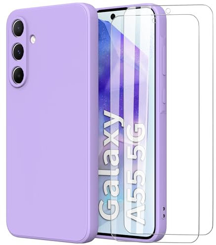 MOONESS Cover per Samsung Galaxy A55 5G (6.6) Custodia,Con 2 Pellicola Vetro Temperato Morbida Sottile Liquid TPU Case per Samsung Galaxy A55 5G - Viola