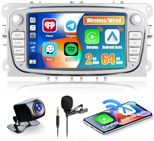 2+64G Hikity Android 13 Radio de Coche Carplay Wireless Android Auto para Ford Focus C-MAX S-MAX Mondeo Kuga Galaxy con Navegación GPS Pantalla Táctil 7 Pulgadas Bluetooth FM RDS Cámara Trasera