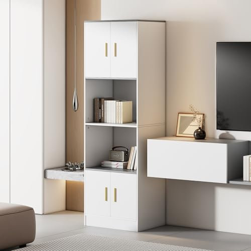 HUMZGHG Vitrine 180 x 60 x 40 cm avec compartiment ouvert - Armoire haute de rangement à 4 portes avec charnières à fermeture douce - Vitrine sur pied pour salon, cuisine, bureau - Blanc