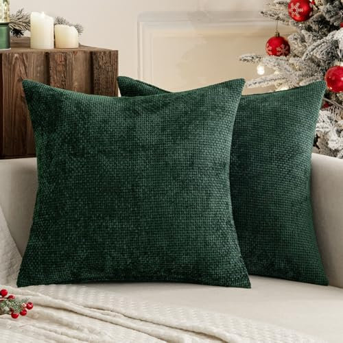 MIULEE 2er Kissenbezug Fransen Chenille Kissenbezüge Kissenhülle Sofakissen dekokissen zierkissen für Couch Sofa Wohnzimmer Dunkelgrün 50X50 cm