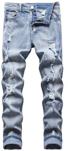 JENY-LUCK Men's Skinny Slim Fit Ripped Distressed Stretch Jeans Pants - Mens Ripped Jeans with Zipper Deco