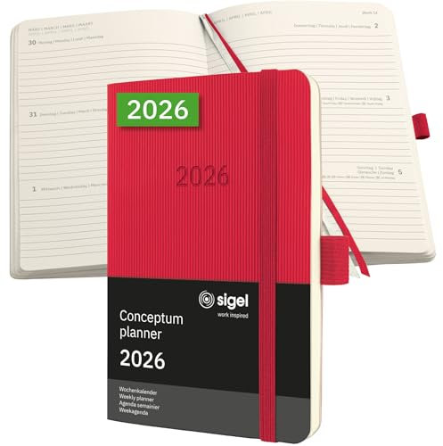 SIGEL C2635 Wochenplaner Wochenkalender 2026, ca. A6, rot, Softcover, 176 Seiten, Gummiband, Stiftschlaufe, Archivtasche, aus nachhaltigem Papier, Kalenderbuch Conceptum