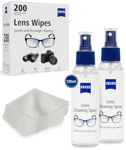Zeiss Lens Wipes - Pack of 200 + Zeiss Lens Cleaning Spray (2x120ml) + 6 Microfibre Glasses Cloths – Glasses Cleaner Spray, Lens Cleaner for Glasses & Cleaning Kit