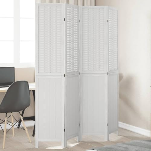 QJBSAVVA Paravent en bambou et bois de paulownia - 140-145 x 200 cm - Blanc - Brise-vue flexible avec 4 panneaux - Pour salon, chambre à coucher et bureau