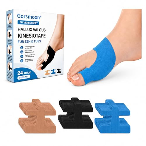Gorsmoon Hallux Valgus Kinesiotape 24 Stück Precut – Elastisches Sport Tape für Zeh & Fuß, hautfreundlich, atmungsaktiv, wasserabweisend, selbstklebend, geeignet (Fuß Mix 24 Stk)