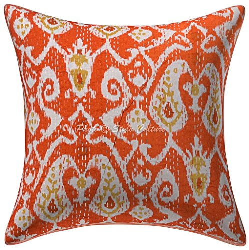 Stylo Culture Ethnisch Dekorativ Baumwolle Sofa Kissenbezüge 40x40 cm Orange Dekokissen Bedrucktes Kantha Wohnzimmer Couch Kissenhülle Ikat Quadrat Umschlagverschluss 16x16 Inch Kissen Bezüge - 1 Stk.