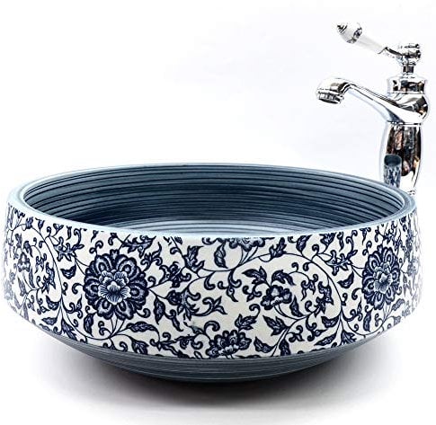 Vintage Paisley Floral Patterned Hand Made Bathroom Cloakroom Round Ceramic Basin Sink Blue and White Engraved Porcelain Chinese Counter Top Kasbah Washing Bowl