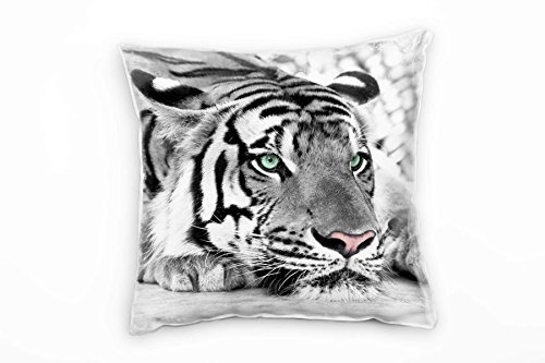 Paul Sinus Art Tiere, weißer Tiger, grüne Augen, Grauer Hintergrund Deko Kissen 40x40cm für Couch Sofa Lounge Zierkissen - Dekoration zum Wohlfühlen