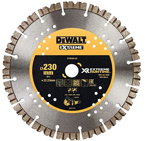 DEWALT DT40260-QZ - Hoja de Diamante Extreme RUNTIME 230mm, para corte en hormigón, compatible con cortadora de hormigón de 54V, Velocidad de soplado 209 Km/h